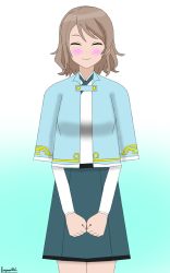 Rule 34 | 1girl, aqua vest, artist name, artist request, blush, clenched hands, collared shirt, closed eyes, female focus, grey hair, highres, leopauldelr, light brown hair, looking at viewer, love live!, love live! sunshine!!, shirt, short hair, skirt, smile, solo, watanabe you, white background, white shirt