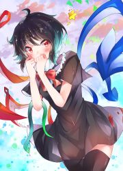 Rule 34 | 1girl, asymmetrical wings, black dress, black hair, black thighhighs, blue wings, blush, bow, bowtie, buttons, commentary request, covering own mouth, cowboy shot, dress, frilled dress, frills, highres, houjuu nue, looking at viewer, ra mun5239, red bow, red bowtie, red eyes, red wings, short dress, short hair, short sleeves, snake, solo, star (symbol), thighhighs, touhou, wings