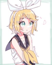 Rule 34 | 1girl, :o, aegissanp, aqua eyes, artist name, ascot, bare shoulders, blonde hair, collarbone, detached sleeves, hair ornament, hairclip, headphones, headset, highres, kagamine rin, own hands together, pale skin, petals, sailor collar, shirt, short hair, shoulder tattoo, sleeveless, sleeveless shirt, solo, tattoo, treble clef, vocaloid, yellow ascot