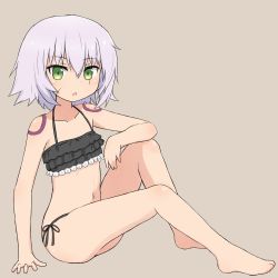 Rule 34 | 1girl, absurdres, bad id, bad twitter id, bare legs, bare shoulders, barefoot, bikini, collarbone, commentary, fate/apocrypha, fate (series), green eyes, highres, inactive account, jack the ripper (fate/apocrypha), light purple hair, looking at viewer, open mouth, petite, scar, scar on face, short hair, simple background, sitting, solo, swimsuit, yakihebi