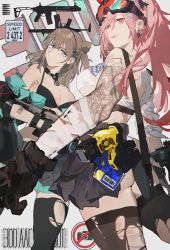 Rule 34 | 2girls, absurdres, ammunition, ass, assault rifle, bandaged arm, bandages, bandaid, bandaid on arm, barcode, bare shoulders, bbsinday, belt pouch, bikini, black bikini, black bra, black gloves, black skirt, blue ribbon, bra, breasts, brown hair, buckle, carbine, choker, clothes pull, collarbone, detached collar, electroshock weapon, fang, girls&#039; frontline, gloves, gluteal fold, goggles, goggles on head, gun, gun on back, hair bun, hairband, harness, highres, holding, holding gun, holding weapon, honey badger (girls&#039; frontline), id card, jacket, jacket partially removed, jacket pull, less-than-lethal weapon, load bearing vest, long hair, medium breasts, midriff, miniskirt, mole, mole under eye, multiple girls, no bra, personal defense weapon, pink hair, pleated skirt, pouch, purple eyes, red eyes, ribbon, rifle, shirt, sig mcx, sig mcx (girls&#039; frontline), silhouette, single hair bun, skindentation, skirt, sleeves rolled up, snap-fit buckle, submachine gun, swimsuit, tagme, taser, taser x26, tattoo, teal jacket, teal skirt, thick thighs, thighhighs, thighs, torn clothes, torn shirt, torn thighhighs, underwear, weapon, weapon on back, white shirt