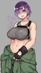 Rule 34 | 1girl, agawa ryou, artist name, bare shoulders, black gloves, blue eyes, blunt bangs, breasts, clothes around waist, collarbone, commentary, crop top, dated, english commentary, eyes visible through hair, fingerless gloves, gloves, green jacket, grey background, grey shirt, jacket, jacket around waist, large breasts, linea alba, looking at viewer, midriff, navel, numbered, open mouth, original, purple hair, shirt, short hair, simple background, smile, solo