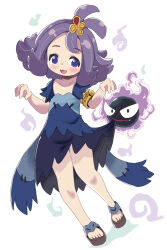Rule 34 | 1girl, :d, absurdres, acerola (pokemon), blue dress, blush, brown footwear, closed mouth, clothes lift, collarbone, commentary request, creatures (company), dress, dress lift, fang, fang out, flipped hair, forehead, full body, game freak, gastly, gen 1 pokemon, hands up, highres, lemon pan, lifting another&#039;s clothes, mouth hold, nintendo, open mouth, pokemon, pokemon (creature), pokemon sm, purple eyes, purple hair, sandals, simple background, smile, standing, white background