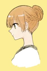 Rule 34 | 1girl, closed mouth, commentary request, from side, hair bun, hair up, highres, koito yuu, nyamo, orange hair, profile, shirt, simple background, solo, upper body, white shirt, yagate kimi ni naru, yellow background, yellow eyes