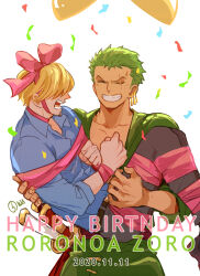 Rule 34 | 2020, 2boys, beard stubble, birthday, blonde hair, blue shirt, bound, bound legs, bound wrists, bow, carrying, closed eyes, collarbone, collared shirt, commentary, confetti, dated, earrings, facial hair, green hair, green kimono, hair bow, hair over eyes, happy birthday, haramaki, highres, japanese clothes, jewelry, kimono, long bangs, male focus, multiple boys, multiple swords, mustache stubble, neck ribbon, one piece, open mouth, pants, party popper, pink ribbon, princess carry, ribbon, roronoa zoro, sanji (one piece), scar, scar across eye, scar on face, shirt, short hair, simple background, single earring, smile, stubble, sword, v-shaped eyebrows, weapon, white background, yuu shishio