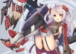 Rule 34 | 1girl, :d, ahoge, ankle boots, armor, armpit cutout, ass, azur lane, black panties, black thighhighs, blush, boots, breasts, buttons, clothing cutout, commentary request, cross, double-breasted, faulds, garter straps, grey footwear, grey hair, hand on own knee, headgear, hetaren (ramark), highres, iron cross, long hair, long sleeves, looking at viewer, machinery, medium breasts, military, military uniform, multicolored eyes, multicolored hair, no pants, open mouth, orange eyes, panties, prinz eugen (azur lane), red eyes, red hair, sideboob, sidelocks, smile, solo, streaked hair, swept bangs, thighhighs, thighs, turret, two-tone background, two side up, underwear, uniform, v-shaped eyebrows, very long hair, wide sleeves