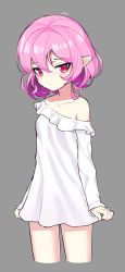 Rule 34 | 1girl, absurdres, arms at sides, bare shoulders, blush, grey background, hair between eyes, highres, looking at viewer, lucid (maplestory), maplestory, no pants, pink eyes, pink hair, pointy ears, pout, shirt, short hair, simple background, solo, white shirt