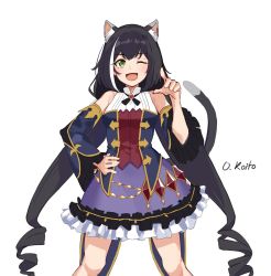 Rule 34 | 1girl, animal ear fluff, animal ears, black hair, blue sleeves, blush, breasts, bustier, cat ears, cat girl, cat tail, closed mouth, cowboy shot, detached sleeves, fang, floating hair, green eyes, hair between eyes, highres, karyl (princess connect!), long hair, long sleeves, looking at viewer, low twintails, medium breasts, miniskirt, multicolored hair, oliver koito, one eye closed, pointing, pointing at viewer, princess connect!, purple skirt, shirt, signature, simple background, skin fang, skirt, sleeveless, sleeveless shirt, solo, streaked hair, tail, tail raised, twintails, two-tone hair, very long hair, white background, white hair, white shirt