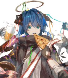Rule 34 | apple pie, arknights, beer mug, birthday, black coat, black gloves, blue eyes, blue hair, blue tongue, coat, colored tongue, croissant (arknights), cup, dark halo, demon horns, doughnut, exusiai (arknights), fiammetta (arknights), fingerless gloves, food, fur-trimmed hood, fur trim, gloves, hair between eyes, halo, highres, holding, holding cup, hood, hood down, hooded coat, horns, long hair, long sleeves, mostima (arknights), mug, mutomorokoshi, open mouth, party, party popper, penguin logistics (arknights), pie, presenting, red gloves, short sleeves, simple background, solo focus, sora (arknights), sweatdrop, texas (arknights), upper body, white background