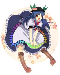 Rule 34 | 1girl, :3, :d, blue hair, boots, colorized, cross-laced footwear, daigorou, female focus, food, fruit, full body, garigarigari, hat, highres, hinanawi tenshi, knee boots, lace-up boots, leaning forward, long hair, looking at viewer, open mouth, peach, red eyes, skirt, smile, solo, touhou, transparent background, v arms