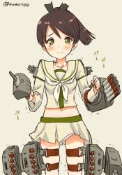 Rule 34 | 1girl, blush, brown hair, cannon, commentary request, cosplay, crying, crying with eyes open, green eyes, hair ribbon, highres, kantai collection, kujira naoto, long hair, neckerchief, ooi (kancolle) (cosplay), ooi (kancolle), panties, pantyshot, ponytail, remodel (kantai collection), ribbon, rigging, sailor collar, shikinami (kancolle), skindentation, solo, standing, tears, torpedo, twitter username, underwear, wavy mouth, white panties