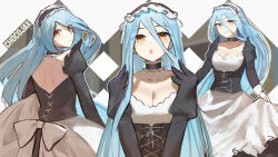 Rule 34 | 1girl, alternate costume, apron, azura (fire emblem), blue hair, blush, breasts, chocojax, cleavage, closed mouth, dress, expressionless, expressions, fire emblem, fire emblem fates, frilled apron, frills, hair between eyes, highres, long hair, long sleeves, looking at viewer, maid, maid apron, medium breasts, multiple views, nintendo, open mouth, simple background, smile, solo, veil, very long hair, waist apron, white apron, white background, yellow eyes