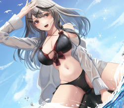 Rule 34 | 1girl, :d, arm up, bikini, black bikini, black hair, blue sky, bow, breasts, cleavage, cloud, day, grey hair, hair ornament, hairclip, highres, hololive, jacket, large breasts, long hair, long sleeves, looking away, multicolored hair, navel, open clothes, open jacket, open mouth, outdoors, red bow, red eyes, sakamata chloe, sideways glance, sitting, sky, smile, solo, stomach, streaked hair, swimsuit, virtual youtuber, water, white jacket, x hair ornament, yamikyon