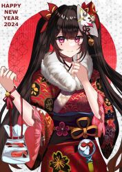 Rule 34 | 1girl, 2024, blue sealad, blush, bow, brown hair, closed mouth, commentary, cowboy shot, english commentary, finger to cheek, floral print, fox mask, fur-trimmed kimono, fur trim, hair bow, happy new year, honkai: star rail, honkai (series), japanese clothes, kimono, long hair, long sleeves, looking at viewer, mask, mask on head, new year, obi, pink eyes, print kimono, red bow, red kimono, sash, sidelocks, smile, solo, sparkle (honkai: star rail), twintails, very long hair, wide sleeves