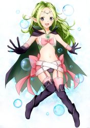 Rule 34 | 1girl, :d, black eyes, black footwear, black gloves, boots, bubble, collarbone, fire emblem, fire emblem awakening, flat chest, full body, garter straps, gloves, green hair, grey pants, highres, long hair, midriff, navel, nikoru (nikolaschka-tnb), nintendo, nowi (fire emblem), open mouth, pants, pink thighhighs, pointy ears, smile, solo, stomach, thigh boots, thighhighs, white background