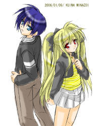 Rule 34 | 00s, 1boy, 1girl, black jacket, blonde hair, blue hair, chrono harlaown, contemporary, cropped jacket, fate testarossa, green eyes, jacket, long hair, long sleeves, looking at viewer, lyrical nanoha, mahou shoujo lyrical nanoha, mahou shoujo lyrical nanoha a&#039;s, minazoi kuina, open clothes, open jacket, pants, pleated skirt, red eyes, short hair, simple background, skirt, sweater, twintails, very long hair, white background, white skirt
