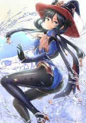 Rule 34 | 1girl, ass, asymmetrical bangs, black eyes, black gloves, black hair, black pantyhose, blue leotard, breasts, commentary request, detached sleeves, genshin impact, gloves, hat, high heels, leotard, long hair, looking at viewer, medium breasts, mona (genshin impact), pantyhose, parted lips, solo, twintails, water, witch hat, y2