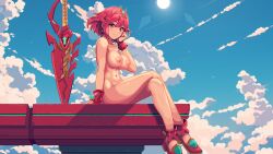 Rule 34 | 1girl, absurdres, aegis sword (xenoblade), blue sky, blush, breasts, cloud, completely nude, earrings, highres, itzah, jewelry, large breasts, looking at viewer, navel, nipples, nude, pixel art, pyra (xenoblade), red eyes, red hair, short hair, sitting, sky, smile, solo, sun, sword, tiara, weapon, xenoblade chronicles (series)