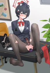 Rule 34 | 1futa, absurdres, anal, anal object insertion, animal ears, bar censor, black eyes, black footwear, black hair, black hat, black pantyhose, blue archive, blush, bow, bowtie, breasts, censored, chair, chuck (harfmoondark), collared shirt, extra ears, flag, futanari, garrison cap, gloves, hair ornament, halo, hat, high heels, highres, indoors, large breasts, long sleeves, looking at viewer, newhalf, object insertion, official alternate costume, pantyhose, parted lips, penis, photo (object), red bow, red bowtie, red halo, shirt, short hair, sitting, sitting on table, solo, testicles, tsubaki (blue archive), tsubaki (guide) (blue archive), unworn footwear, walkie-talkie, white gloves, white shirt