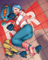 Rule 34 | 1girl, abduction, absurdres, ass, barefoot, bdsm, belly, blue eyes, blue hair, bondage, boots, bound, bound ankles, bound wrists, breasts, bulma, cleavage, denim, dragon ball, dragon ball (object), dragon ball super, dragon radar, earrings, feet, female focus, gag, gagged, high heel boots, high heels, highres, improvised gag, jeans, jewelry, kidnapped, lipstick, lost one zero, makeup, matching hair/eyes, navel, one eye closed, pants, shadow, shirt, shoes, unworn shoes, solo, tape, tape bondage, tape gag, tickling, toes, white shirt, wince, yellow footwear