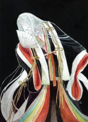 Rule 34 | 1girl, androgynous, black background, closed eyes, hair over mouth, hand fan, japanese clothes, kamura gimi, kimono, layered clothes, layered kimono, long hair, long sleeves, original, paper fan, simple background, sleeves past fingers, sleeves past wrists, solo, very long hair, white hair, wide sleeves