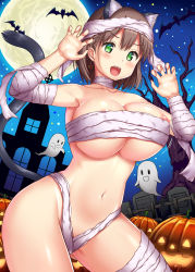 Rule 34 | ai-chan (tawawa), animal ears, areola slip, arms up, bandages, bat (animal), braid, breasts, brown hair, cat ears, cat tail, church, cleavage, covered erect nipples, fang, fence, getsuyoubi no tawawa, ghost, gradient background, green eyes, hair ornament, halloween, halloween costume, happy halloween, highres, jack-o&#039;-lantern, large breasts, moon, navel, nipple slip, nipples, official style, open mouth, pumpkin, side braid, sky, smile, solo, star (sky), starry sky, tail, tree, uehiro