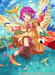 Rule 34 | 1girl, bad id, bad twitter id, bird, blue sky, boots, cloud, company name, copyright name, day, dress, facial mark, fae (fire emblem), feathered wings, feathers, fire emblem, fire emblem: the binding blade, fire emblem cipher, forehead mark, full body, green eyes, holding, long sleeves, nintendo, official art, open mouth, outdoors, pointy ears, purple hair, short hair, sky, solo, stone, tobi (kotetsu), water, wings