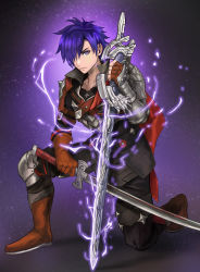 Rule 34 | 1boy, armor, closed mouth, dual wielding, fire emblem, fire emblem: three houses, fire emblem warriors: three hopes, gloves, hair ornament, hair over one eye, highres, holding, long sleeves, looking at viewer, medium hair, necronaglfar, nintendo, purple eyes, purple hair, shez (fire emblem), shez (male) (fire emblem), short hair, simple background, solo, sword, weapon