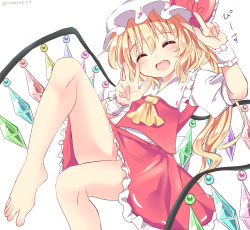 Rule 34 | 1girl, ^ ^, artist name, ascot, blonde hair, blush, bow, closed eyes, commentary request, double w, fang, feet, flandre scarlet, hat, highres, knee up, legs, long hair, mob cap, one-hour drawing challenge, open mouth, panties, pantyshot, ramudia (lamyun), red bow, red skirt, side ponytail, simple background, skin fang, skirt, smile, solo, touhou, twitter username, underwear, w, white background, white hat, white panties, wings