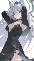 1girl absurdres ahoge animal_ear_fluff animal_ears arms_behind_head black_choker black_dress blue_archive blue_eyes breasts choker cleavage cross_hair_ornament dress grey_hair grey_halo hair_ornament halo highres large_breasts long_hair mismatched_pupils parted_lips shin_no_tenpii shiroko_(blue_archive) shiroko_terror_(blue_archive) simple_background solo white_background wolf_ears