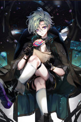 Rule 34 | 1boy, altimaen iten, bera (saibai shounen), boots, candy, earrings, facing viewer, food, glasses, green hair, headphones, holding, holding paper, jewelry, lollipop, looking at viewer, male focus, official art, paper, parted lips, purple eyes, round eyewear, saibai shounen, second-party source, short hair, socks, solo, stud earrings, teeth, thigh strap, white socks