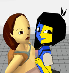 Rule 34 | 1boy, 2girls, antenna hair, black hair, blue shirt, blue skin, breasts, brown bag, brown hair, censored, clothes lift, colored skin, cooperative paizuri, crossover, ena (joel g), ena (series), grey tank top, grid, group sex, impstripe, lara croft, large breasts, lifting own clothes, looking to the side, low poly, mosaic censoring, multicolored skin, multiple girls, paizuri, penis, shirt, shirt lift, simple background, skirt, small breasts, suspender skirt, suspenders, tank top, threesome, tomb raider, two-tone skin, v-shaped eyebrows, white background, yellow skirt