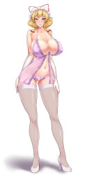 Rule 34 | 1girl, alternate costume, alternate hairstyle, babydoll, blonde hair, bow, bow panties, breasts, censored, cleavage, collarbone, covered erect nipples, crotchless, crotchless panties, dashigarayama, elbow gloves, flower censor, full body, gloves, gluteal fold, hair bow, hair up, hands on thighs, hat, hat ribbon, high heels, highres, huge breasts, knees, lace, lace legwear, lace trim, lingerie, looking at viewer, mob cap, navel, negligee, no pussy, outline, panties, parted lips, pointless censoring, purple eyes, purple panties, red pupils, ribbon, sagging breasts, shiny clothes, shiny skin, shoes, simple background, skindentation, smile, solo, thighhighs, thighs, touhou, underwear, white background, white footwear, yakumo yukari