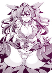 Rule 34 | 1girl, alternate costume, blush, bra, breasts, checkered bra, checkered clothes, checkered sash, groin, hair ribbon, himekaidou hatate, large breasts, long hair, looking at viewer, monochrome, open mouth, panties, pointy ears, ribbon, sitting, skirt, solo, spread legs, tears, thighhighs, touhou, twintails, underwear, windart