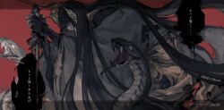Rule 34 | 1boy, animal hands, black hair, black kimono, covered mouth, dadadadadaist, fangs, final fantasy, final fantasy xiv, headpiece, highres, japanese clothes, kimono, leaning forward, long hair, male focus, pointy ears, red background, scales, seiryu (ff14), signature, simple background, snake, solo, upper body, wide sleeves