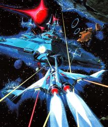 Rule 34 | 1980s (style), alien, battle, box art, energy, fleet, gradius, highres, jewelry, konami, moai, no humans, official art, retro artstyle, planet, production art, promotional art, realistic, retro artstyle, ring, scan, science fiction, size difference, space, spacecraft, starfighter, vic viper