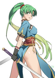 Rule 34 | 1girl, ass, bad id, bad pixiv id, club3, earrings, fingerless gloves, fire emblem, fire emblem: the blazing blade, gloves, green eyes, green hair, high ponytail, highres, jewelry, long hair, looking at viewer, lyn (fire emblem), nintendo, pelvic curtain, ponytail, side slit, simple background, smile, solo, sword, weapon, white background