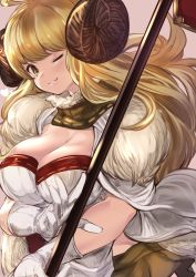 Rule 34 | 1girl, ;), ahoge, anila (granblue fantasy), blonde hair, breasts, cleavage, draph, eyebrows, gloves, granblue fantasy, grin, heart, highres, horns, large breasts, large insertion, long hair, looking at viewer, maou (maoudaisukiya), one eye closed, pink background, polearm, sheep horns, simple background, smile, solo, thick eyebrows, upper body, weapon, white gloves, yellow eyes
