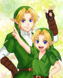 Rule 34 | 1boy, :d, artist name, belt, blonde hair, blue eyes, brown gloves, earrings, fingerless gloves, gloves, green tunic, hand on own hip, jewelry, link, looking at viewer, male focus, multiple views, nintendo, open mouth, pointy ears, sangachie, short sleeves, smile, the legend of zelda, upper body, young link