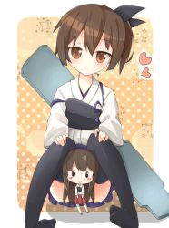 Rule 34 | 10s, 1girl, akagi (kancolle), armor, bad id, bad pixiv id, blush stickers, brown hair, character doll, commentary, hair ribbon, heart, japanese clothes, kaga (kancolle), kantai collection, looking at viewer, muneate, rateratte, ribbon, short hair, sitting, solo, thighhighs, aged down