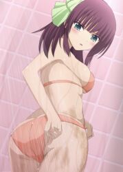 Rule 34 | 1girl, absurdres, adjusting clothes, adjusting swimsuit, angel beats!, ass, bare arms, bikini, blunt bangs, blush, bow, breasts, commentary request, cowboy shot, dirty, from behind, full body, green bow, green eyes, hair bow, highres, indoors, lelie (lelie link), looking down, medium breasts, medium hair, nakamura yuri, open mouth, orange bikini, purple hair, shower (place), showering, sideboob, skindentation, solo, straight hair, swimsuit, tile wall, tiles, water drop, wet