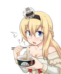 Rule 34 | 1girl, ^^^, black hairband, blonde hair, blue eyes, braid, breasts, cleavage, collarbone, commentary request, crown, cup ramen, donbee (food), donbei kitsune udon, dress, flower, french braid, hairband, instant udon, jacket, kantai collection, konokiya, long hair, long sleeves, looking at viewer, medium breasts, mini crown, nissin donbei, off-shoulder dress, off shoulder, open clothes, open jacket, open mouth, red flower, red ribbon, red rose, ribbon, rose, solo, upper body, warspite (kancolle), white dress