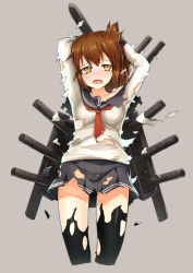 Rule 34 | 10s, 1girl, anchor symbol, arms behind head, arms up, bad id, bad pixiv id, black thighhighs, blush, brown eyes, brown hair, folded ponytail, grey skirt, inazuma (kancolle), kantai collection, long sleeves, looking at viewer, machinery, neckerchief, pleated skirt, reitsuki kazuma, sailor collar, school uniform, serafuku, skirt, solo, tears, thighhighs, torn clothes, torn skirt, torn thighhighs, wavy mouth