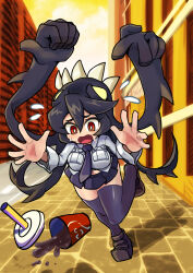 Rule 34 | 1girl, black hair, bright pupils, building, drink, filia (skullgirls), gesture, imeni-art, long hair, necktie, open mouth, outdoors, outstretched arms, pleated skirt, prehensile hair, red eyes, running, samson (skullgirls), school uniform, shoes, skirt, skullgirls, solo, spill, sweatdrop, thighhighs, tripping, white pupils