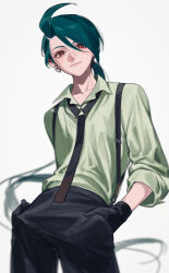 Rule 34 | 1girl, ahoge, androgynous, black gloves, black necktie, black pants, bright pupils, collarbone, collared shirt, commentary, cowboy shot, creatures (company), earrings, game freak, gloves, green hair, green shirt, hair between eyes, hands in pockets, highres, itou (very ito), jewelry, leaning back, long hair, looking at viewer, low ponytail, necktie, nintendo, pants, pokemon, pokemon sv, red eyes, reverse trap, rika (pokemon), shirt, simple background, smile, solo, standing, suspenders, swept bangs, white background, white pupils