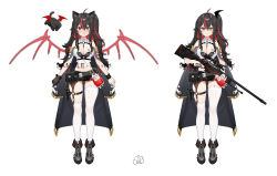 Rule 34 | 1girl, ahoge, ai arctic warfare, animal ears, black hair, black thighhighs, blood, blood bag, bolt action, cat ears, cloak, eyebrows hidden by hair, gun, hair between eyes, highres, holding, holding gun, holding weapon, leg belt, long hair, looking at viewer, multicolored eyes, multicolored hair, original, red eyes, red hair, rifle, simple background, sniper rifle, solo, tachi-e, tangdouji (machine), thighhighs, virtual youtuber, weapon, white background, wings, yellow eyes