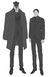Rule 34 | 2boys, alien, bbbb fex, black footwear, blue eyes, dual persona, faceless, formal, grey shirt, greyscale, height, height difference, highres, jacket, jacket on shoulders, limited palette, male focus, mephilas seijin, monochrome, multiple boys, science fiction, shin ultraman, shirt, shoes, ultra series, ultraman (1st series)