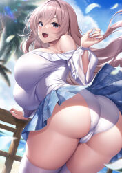 Rule 34 | 1girl, ass, bare shoulders, blue eyes, blue skirt, blue sky, blush, breasts, floral print, highres, huge ass, huge breasts, ken ill, large breasts, light brown hair, long hair, long sleeves, looking at viewer, looking back, off shoulder, open mouth, original, palm tree, panties, puffy long sleeves, puffy sleeves, shirt, skirt, sky, smile, solo, thighhighs, thighs, tree, underwear, white panties, white shirt, white thighhighs