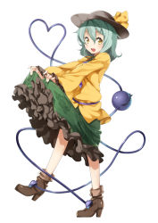 Rule 34 | 1girl, blush, boots, clothes pull, eyeball, floral print, full body, green hair, hat, hat ribbon, heart, heart of string, komeiji koishi, looking at viewer, open mouth, ribbon, short hair, simple background, skirt, skirt pull, smile, solo, third eye, touhou, white background, yellow eyes, yuuzii