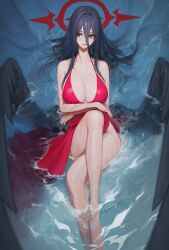 Rule 34 | 1girl, absurdres, ama doooo, barefoot, black hair, black wings, blue archive, breasts, cleavage, closed mouth, collarbone, commentary, crossed legs, dress, hair between eyes, halo, hasumi (blue archive), highres, large breasts, legs, lips, long hair, looking to the side, partially submerged, red dress, red eyes, red halo, sitting, sleeveless, sleeveless dress, solo, thighs, water, wet, wings